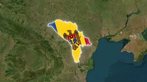 Moldova Map Highlight with Animated Flag Pin on World Satellite Map Video stock 341099980