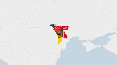Moldova map highlighted in Moldova flag colors and pin of country capital C.. Stock-Illustration