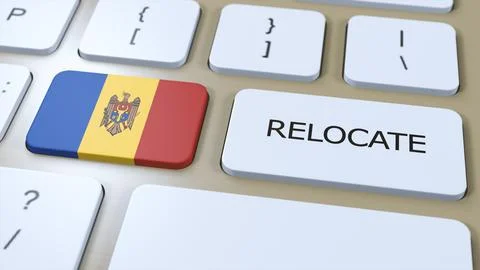 Moldova Relocation Business Concept. 3D Illustration. Country Flag with Tex.. Stock Illustration