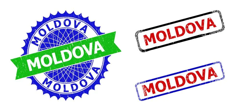 MOLDOVA Rosette and Rectangle Bicolor Badges with Distress Styles Stock Illustration
