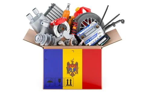 Moldovan flag painted on the parcel with car parts. 3D rendering 스톡 일러스트
