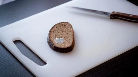 Moldy bread on a cutting board. Stock Photos
