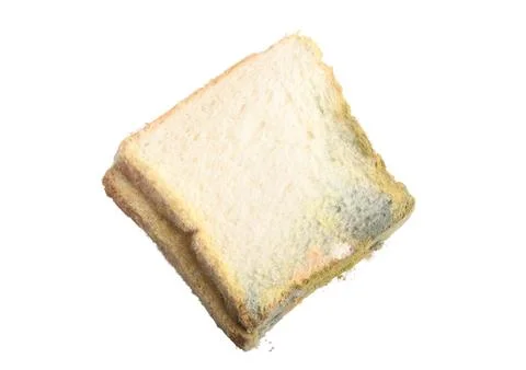 Moldy slices of bread on a white background Foto stock