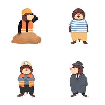 Mole icons set cartoon vector. Cute cartoon mole character Stock Illustration