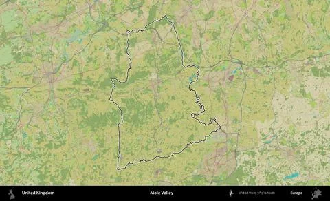 Mole Valley outlined, United Kingdom. OpenStreetMap Humanitarian Stock Illustration