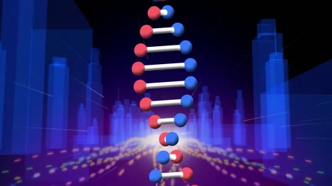 Molecular ladder floating above glowing data grid, forming sleek 3D bars and Stock Footage 308207408