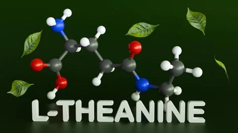 A molecular model and letters of L-Theanine alongside green tea leaves Stock Illustration