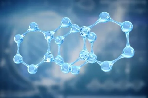 Molecular model is floating in 3D lab render with blue spheres, rods forming Stockillustratie