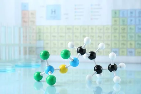 Molecular model on light surface against blurred background Foto stock