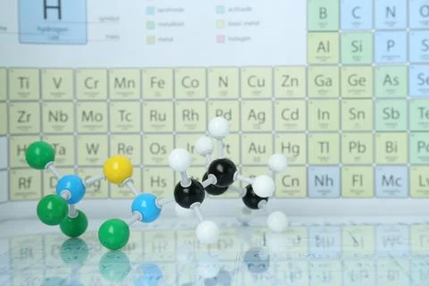 Molecular model on mirror surface against periodic table Stock Photos