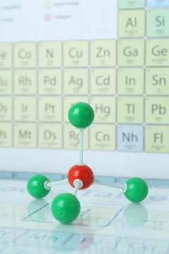 Molecular model on mirror surface against periodic table, closeup Stockfoto's