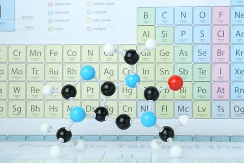 Molecular model on mirror surface against periodic table Stockfoto's