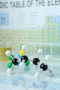 Molecular model on mirror surface against periodic table Stockfoto's