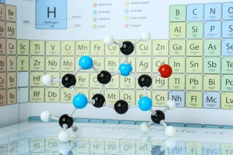 Molecular model on mirror surface against periodic table 写真素材