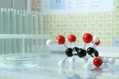 Molecular model on mirror surface, closeup. Space for text Stock Photos