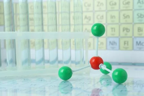 Molecular model on mirror surface, closeup. Space for text Stock Photos