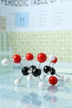 Molecular model on mirror surface, closeup view Stock Photos