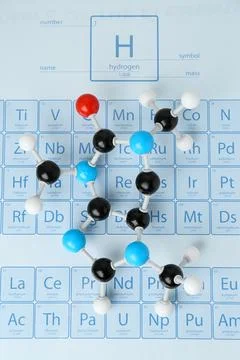 Molecular model on periodic table, top view Stock Photos