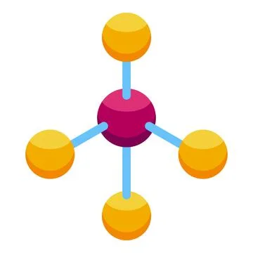 Molecular model showing one red atom surrounded by four yellow atoms Illustrazione stock