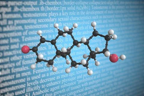 Molecular model of testosterone, 3D rendering Stock Illustration