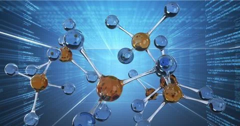 Molecular models are floating in front of digital data background Fotos de archivo