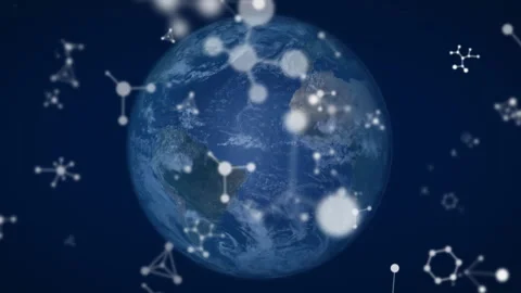 Molecular node drifting in, forming 3D network around rotating Earth globe, Stock Footage 313618762