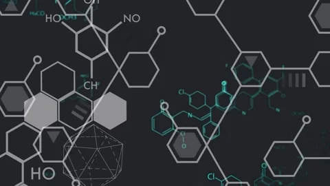 Molecular schematic animating on dark, dense hex causing shifts, teal labels Stock-Footage 334729350