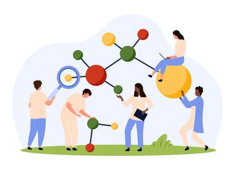 Molecular structure and genetic research, tiny people work on analysis of イラスト素材