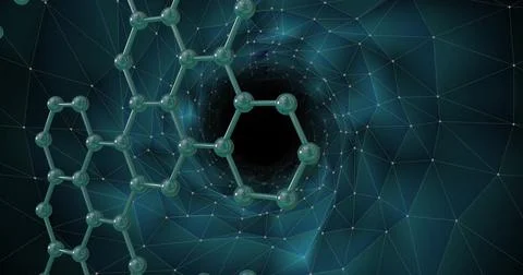 Molecular structure and geometric shapes image over dark vortex background イラスト素材