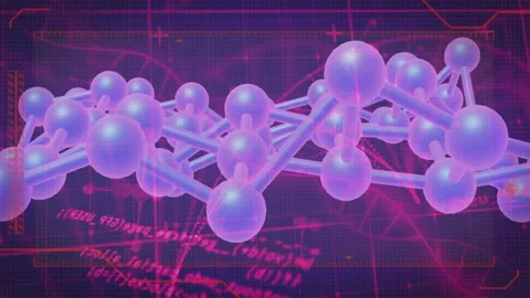 Molecular structure and scientific equations animation over purple grid Video stock 305814631