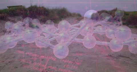 Molecular structure animation over sandy path with grassy dunes in background Stock Footage 305885031