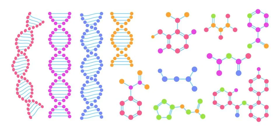Molecular structure chemical atom flat cartoon set 스톡 일러스트