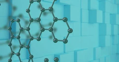 Molecular structure image over blue geometric blocks background Stock Illustration
