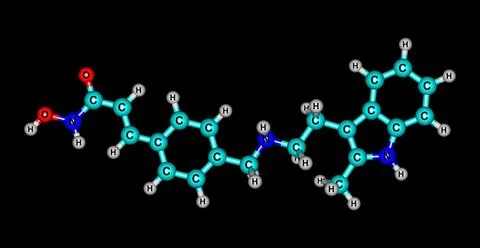 Molecular structure of Panobinostat isolated on black Illustrazione stock