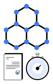 Molecular Structure, Signed Document, and Timer Expressing Precision and Stock Illustration