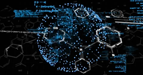 Molecular structures and chemical formulas over programming code and data 動画素材 326305026
