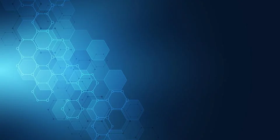 Molecular structures and hexagons elements. Abstract geometric background with Stock Illustration