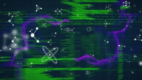 Molecular structures floating over purple digital waves and data processing Stock Footage 327447977