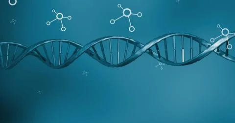Molecular structures floating over spinning dna structure on blue background イラスト素材