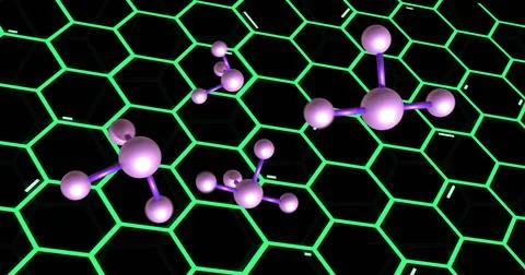 Molecular structures image over glowing green hexagonal grid Stock Illustration