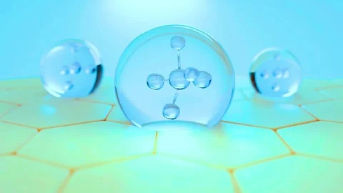 Molecular structures inside crystal spheres on yellow hexagonal grid floor Stock-Footage 342905252