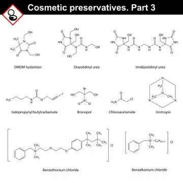 Molecular structures of main cosmetic preservatives Stock Illustration