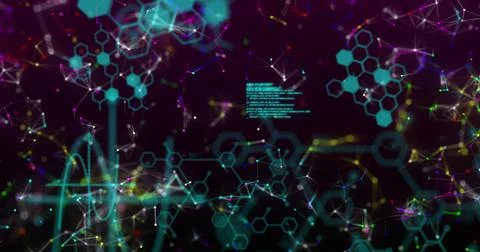 Molecular structures, network of connections and data processing Illustrazione stock