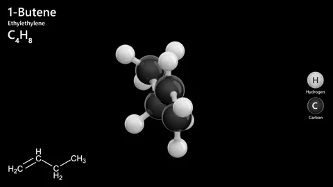 Molecule of 1-Butene (C4H8) .Black background. 3D rendering. Seamless loop Stock Footage 288577309