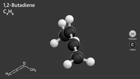 Molecule of 1,2-Butadiene (C4H6). Gray background. 3D rendering. Seamless loop Stock Footage 288577333