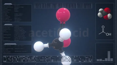 Molecule of acetic acid with infographics on the computer monitor, loopable 3d Stock Footage 172415210
