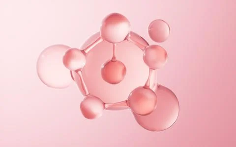 Molecule and pink bubbles background, 3d rendering. Stock Photos
