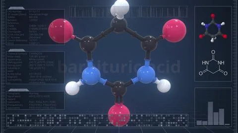 Molecule of barbituric acid with infographics on the computer monitor, 3d Stock Illustration