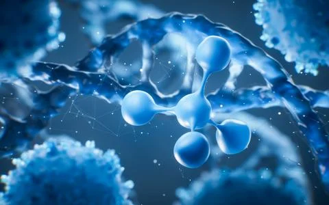 Molecule with biological DNA background, 3d rendering. Illustrazione stock
