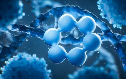 Molecule with biological DNA background, 3d rendering. Illustrazione stock